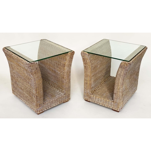 153 - LAMP/OCCASIONAL TABLES, a pair, 1970s woven cane and rattan frame of 'U' form with beveled strengthe... 