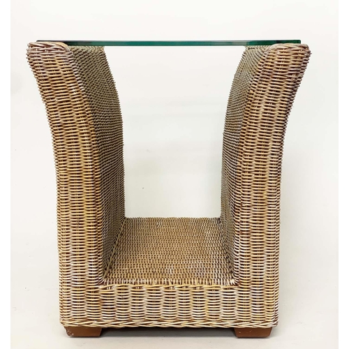 153 - LAMP/OCCASIONAL TABLES, a pair, 1970s woven cane and rattan frame of 'U' form with beveled strengthe... 