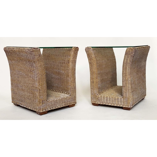 153 - LAMP/OCCASIONAL TABLES, a pair, 1970s woven cane and rattan frame of 'U' form with beveled strengthe... 