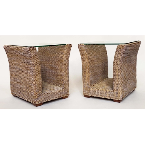 153 - LAMP/OCCASIONAL TABLES, a pair, 1970s woven cane and rattan frame of 'U' form with beveled strengthe... 