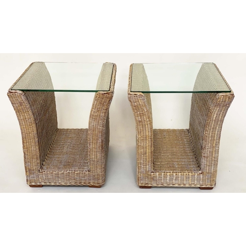 153 - LAMP/OCCASIONAL TABLES, a pair, 1970s woven cane and rattan frame of 'U' form with beveled strengthe... 