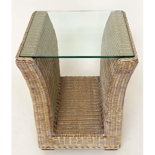 153 - LAMP/OCCASIONAL TABLES, a pair, 1970s woven cane and rattan frame of 'U' form with beveled strengthe... 