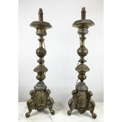 36 - CHURCH ALTAR CANDLESTICKS LAMPS, brass, 85cm H. (2)