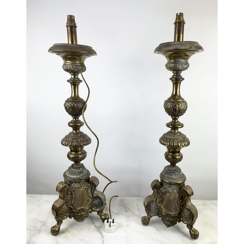 36 - CHURCH ALTAR CANDLESTICKS LAMPS, brass, 85cm H. (2)