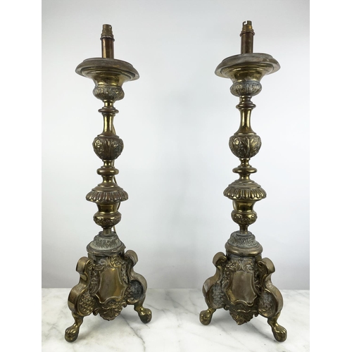 36 - CHURCH ALTAR CANDLESTICKS LAMPS, brass, 85cm H. (2)