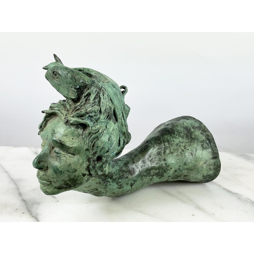 37 - SALLY HOMER BRONZE WALL SCULPTURED HEAD OF A SEA SCION, with incorporated fish in a verdigris finish... 