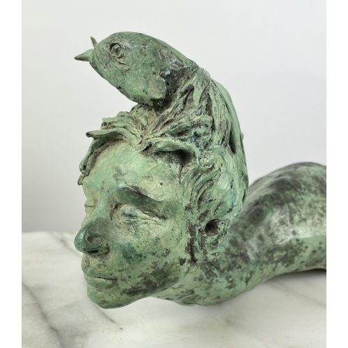 37 - SALLY HOMER BRONZE WALL SCULPTURED HEAD OF A SEA SCION, with incorporated fish in a verdigris finish... 