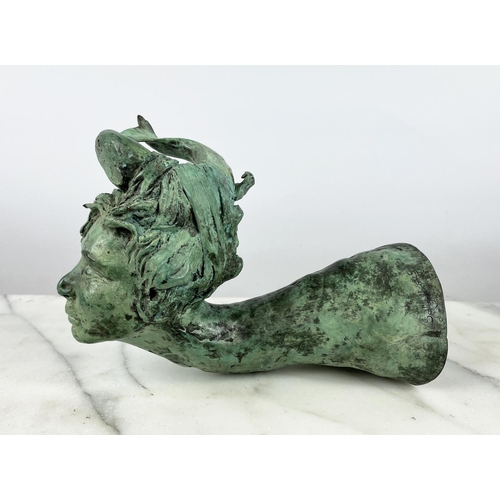 37 - SALLY HOMER BRONZE WALL SCULPTURED HEAD OF A SEA SCION, with incorporated fish in a verdigris finish... 