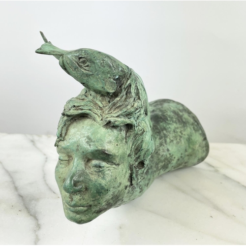 37 - SALLY HOMER BRONZE WALL SCULPTURED HEAD OF A SEA SCION, with incorporated fish in a verdigris finish... 