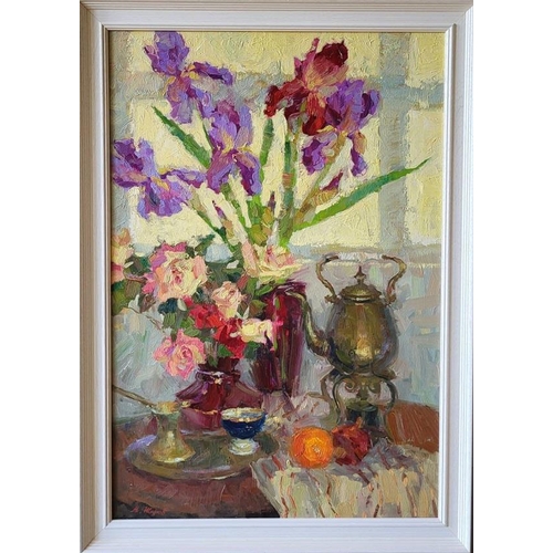 58 - MIKHAIL ZHAROV (Ukrainian) 'Still Life with Irises' 2009, oil on canvas, 87cm x 60cm.