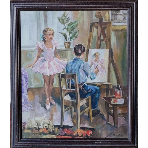 62 - YELENA KHMELYOVA (XX Century) 'Modelling for the Young Artist', oil on canvas, 60cm x 50cm.