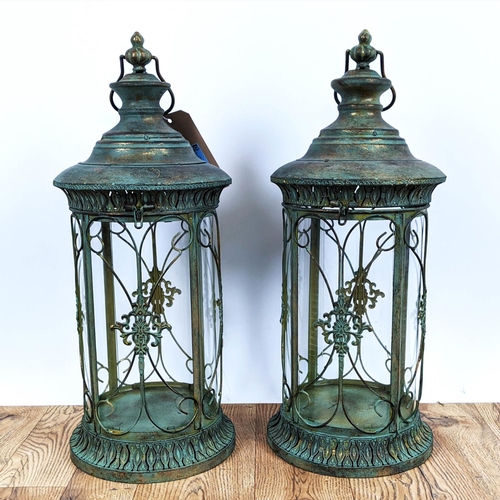 417 - STORM LANTERNS, a pair, Regency style, faux verdigris finished metal and glazed, 65cm H.