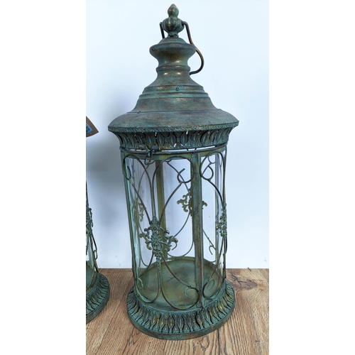 417 - STORM LANTERNS, a pair, Regency style, faux verdigris finished metal and glazed, 65cm H.