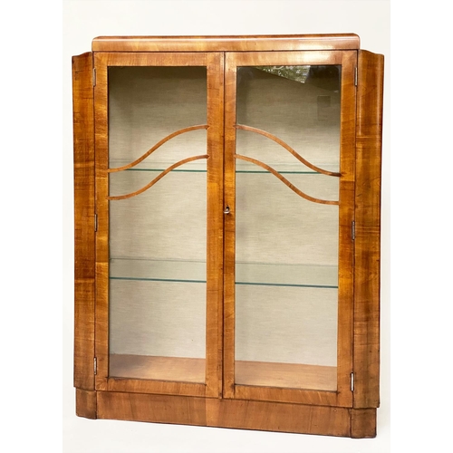 126 - ART DECO DISPLAY CASE, walnut with a pair of glazed doors enclosing shelves and glazed side panels, ... 