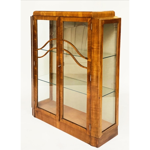 126 - ART DECO DISPLAY CASE, walnut with a pair of glazed doors enclosing shelves and glazed side panels, ... 