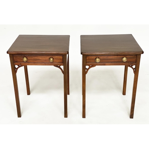 157 - LAMP TABLES, a pair, George III style mahogany each with frieze drawer and inner chamfered square su... 