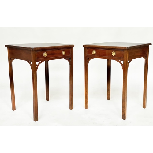 157 - LAMP TABLES, a pair, George III style mahogany each with frieze drawer and inner chamfered square su... 