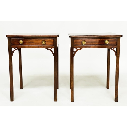 157 - LAMP TABLES, a pair, George III style mahogany each with frieze drawer and inner chamfered square su... 