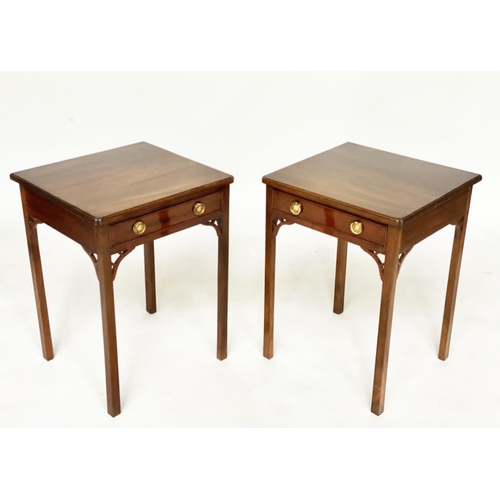 157 - LAMP TABLES, a pair, George III style mahogany each with frieze drawer and inner chamfered square su... 