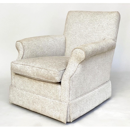 154 - ARMCHAIR, Howard style with feather filled seat cushion and scroll arms, 74cm W.