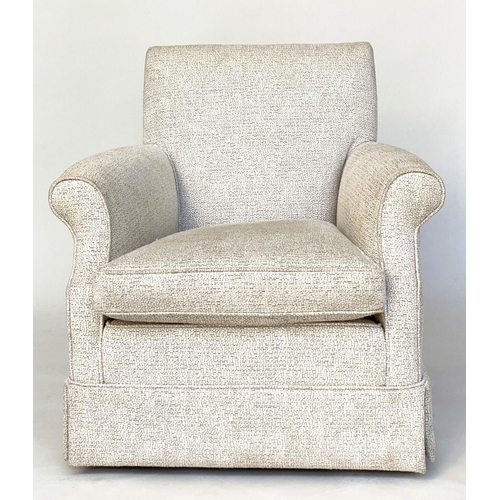 154 - ARMCHAIR, Howard style with feather filled seat cushion and scroll arms, 74cm W.