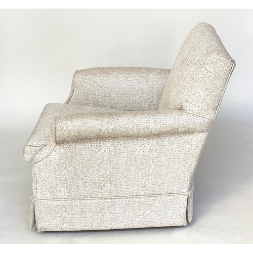 154 - ARMCHAIR, Howard style with feather filled seat cushion and scroll arms, 74cm W.