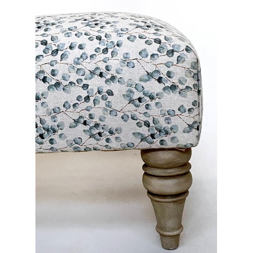 156 - HEARTH STOOL, Country House style rectangular with eucalyptus printed linen upholstery and turned ta... 