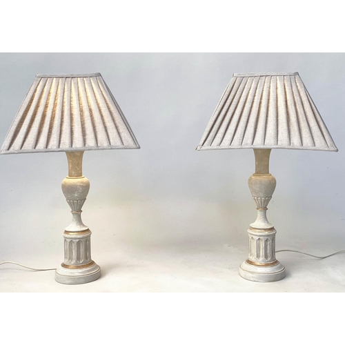 158 - TABLE LAMPS, a pair, French style parcel gilt with turned columns and square pleated linen shades, 6... 