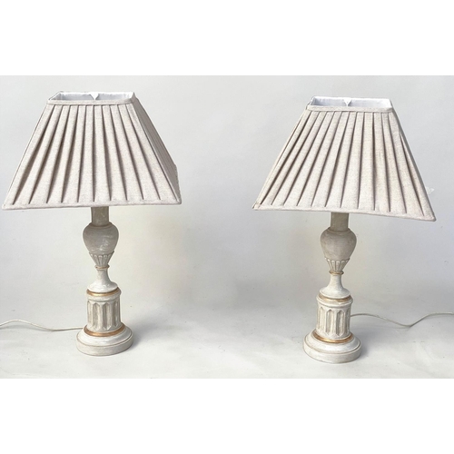 158 - TABLE LAMPS, a pair, French style parcel gilt with turned columns and square pleated linen shades, 6... 