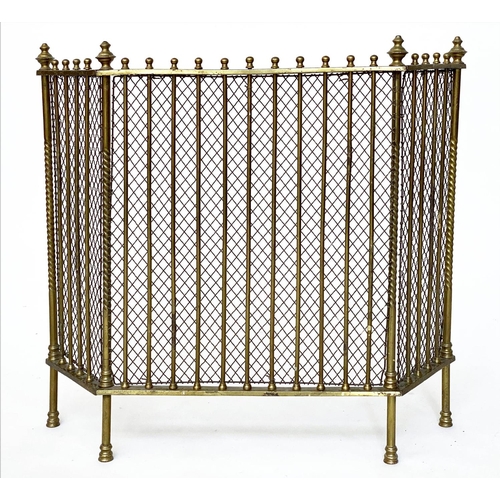 159 - FENDER, Georgian style three fold solid brass with mesh and finials, 70cm x 166cm H x 20cm.