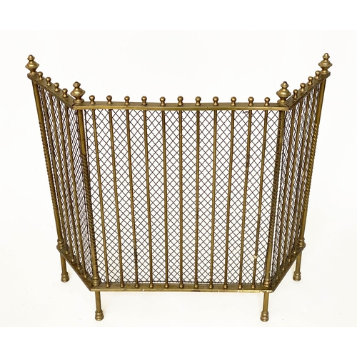 159 - FENDER, Georgian style three fold solid brass with mesh and finials, 70cm x 166cm H x 20cm.