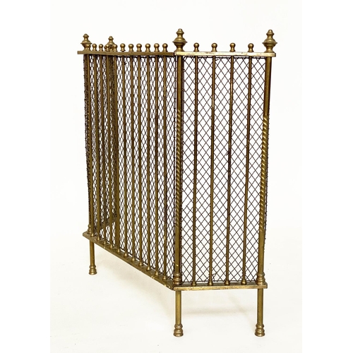 159 - FENDER, Georgian style three fold solid brass with mesh and finials, 70cm x 166cm H x 20cm.