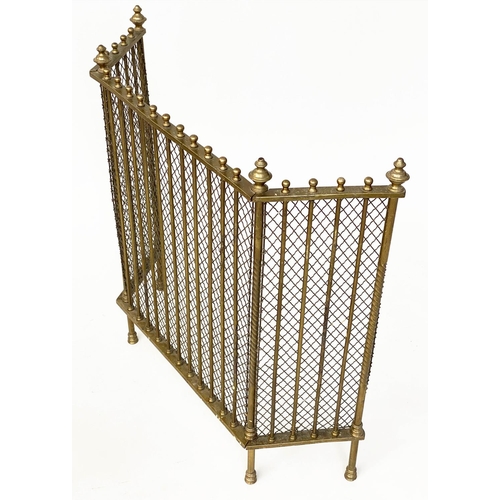 159 - FENDER, Georgian style three fold solid brass with mesh and finials, 70cm x 166cm H x 20cm.