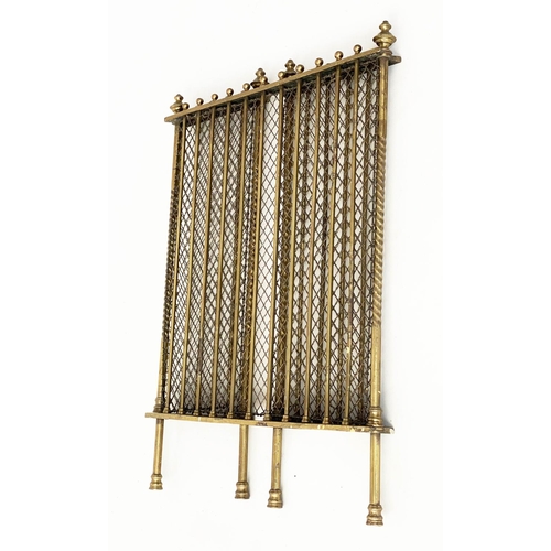 159 - FENDER, Georgian style three fold solid brass with mesh and finials, 70cm x 166cm H x 20cm.