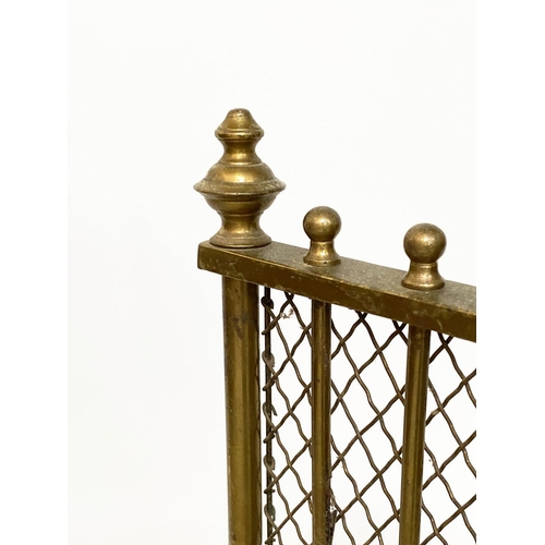 159 - FENDER, Georgian style three fold solid brass with mesh and finials, 70cm x 166cm H x 20cm.