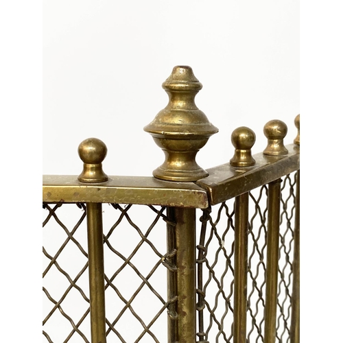 159 - FENDER, Georgian style three fold solid brass with mesh and finials, 70cm x 166cm H x 20cm.