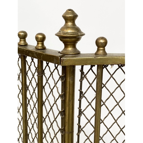 159 - FENDER, Georgian style three fold solid brass with mesh and finials, 70cm x 166cm H x 20cm.