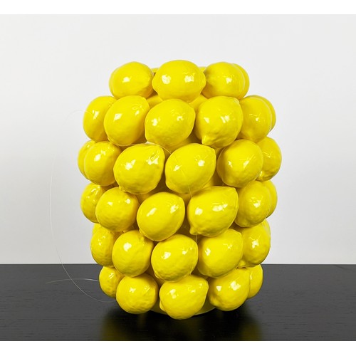 416 - VASE, glazed yellow ceramic, with lemon detail, 30cm H.