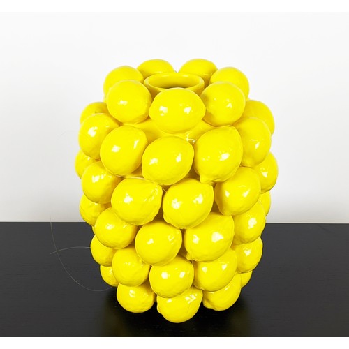 416 - VASE, glazed yellow ceramic, with lemon detail, 30cm H.