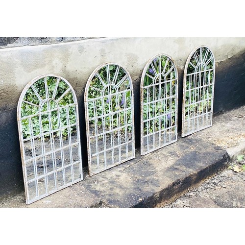 411 - ARCHITECTURAL GARDEN MIRRORS, a set of four, 60cm H x 36cm W, Regency style, with overlaid glazing b... 