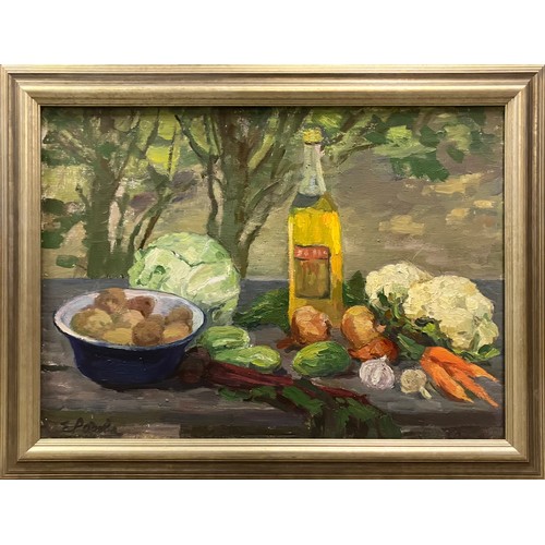 93 - ELENA RODOVA (1903-1988), 'Still life' oil on canvas, 49cm x 67cm, signed, inscribed verso, framed.