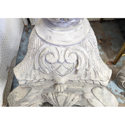 425 - TORCHERES, a pair, each 130cm H, carved wood, in a grey distressed finish. (2)