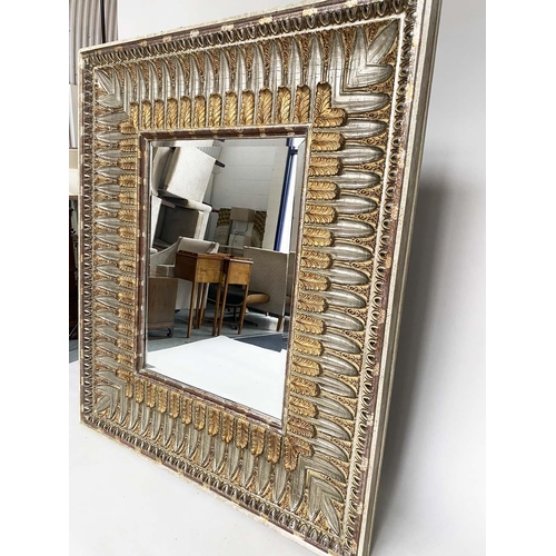 183 - WALL MIRROR, large rectangular Regency style gesso moulded with broad acanthus leaf, decorated frame... 