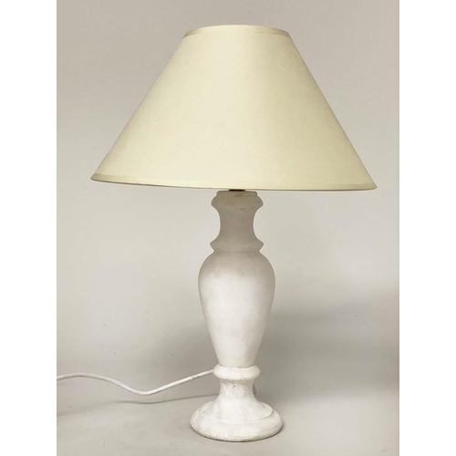 194 - ALABASTER TABLE LAMPS, a pair, turned column alabaster with shades, 36cm H excluding shades. (2)