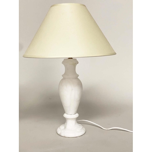 194 - ALABASTER TABLE LAMPS, a pair, turned column alabaster with shades, 36cm H excluding shades. (2)