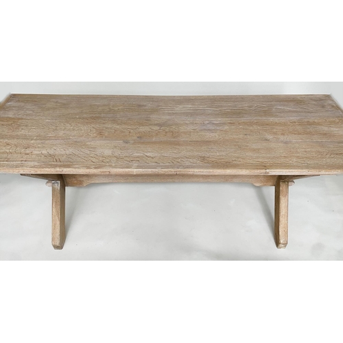 197 - FARMHOUSE TABLE, 18th century style limed and bleached oak with X trestle and shaped stretcher, the ... 