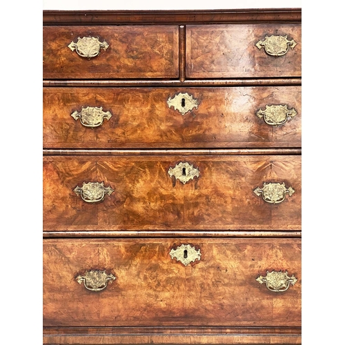 198 - CHEST, early 18th century Queen Anne figured walnut and crossbanded with quarter veneered top above ... 