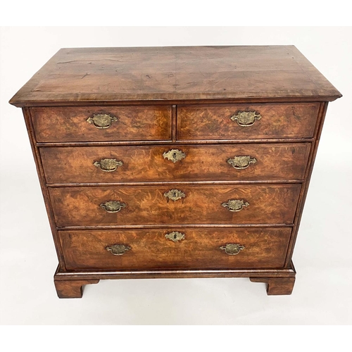 198 - CHEST, early 18th century Queen Anne figured walnut and crossbanded with quarter veneered top above ... 