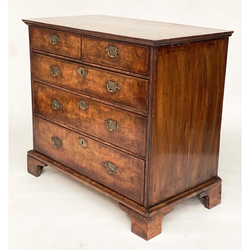 198 - CHEST, early 18th century Queen Anne figured walnut and crossbanded with quarter veneered top above ... 