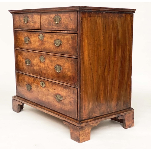 198 - CHEST, early 18th century Queen Anne figured walnut and crossbanded with quarter veneered top above ... 